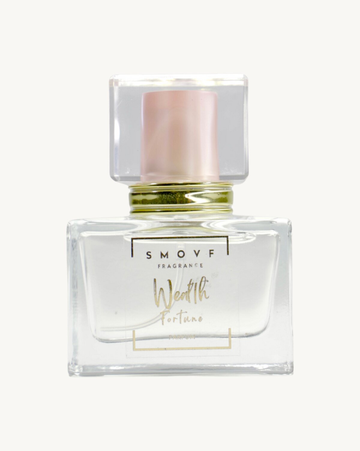 SMOVF parfum in a clear rectangular bottle with a rose gold cap