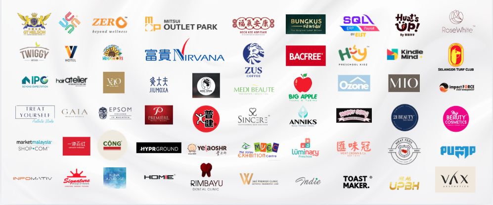 Logos of brands SMOVF has scented, among them ZUS Coffee, Mitsui Outlet Park, Nirvana, Big Apple, Epsom College in Malaysia, Selangor Turf Club and Mid Valley Exhibition Centre