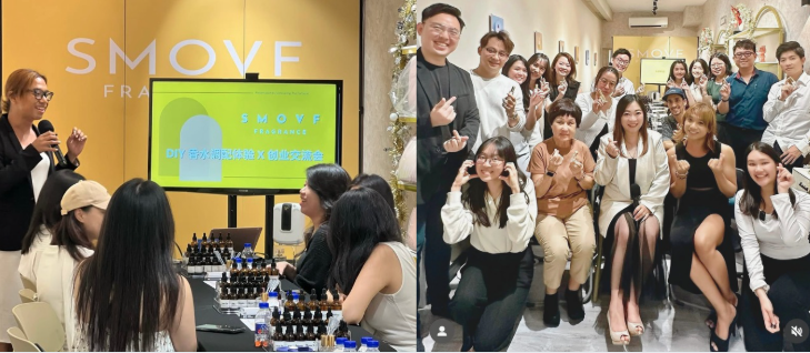 Guests blending fragrance at a SMOVF perfumery workshop bench